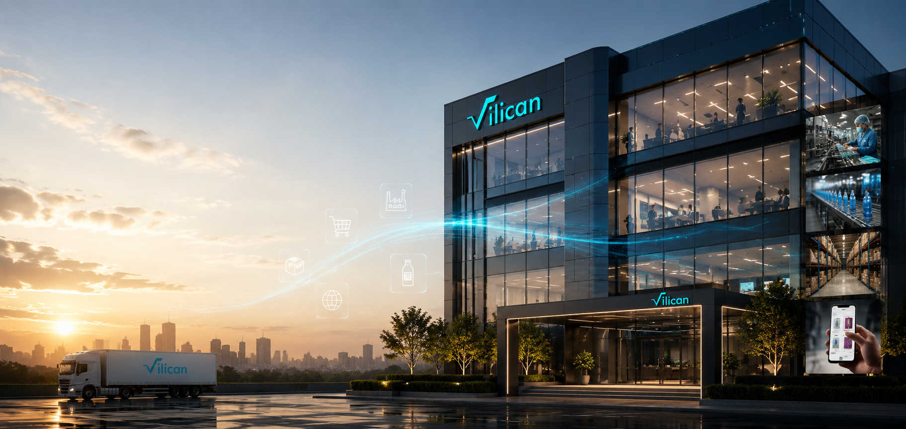 Vilican Technologies headquarters – modern glass building at dusk