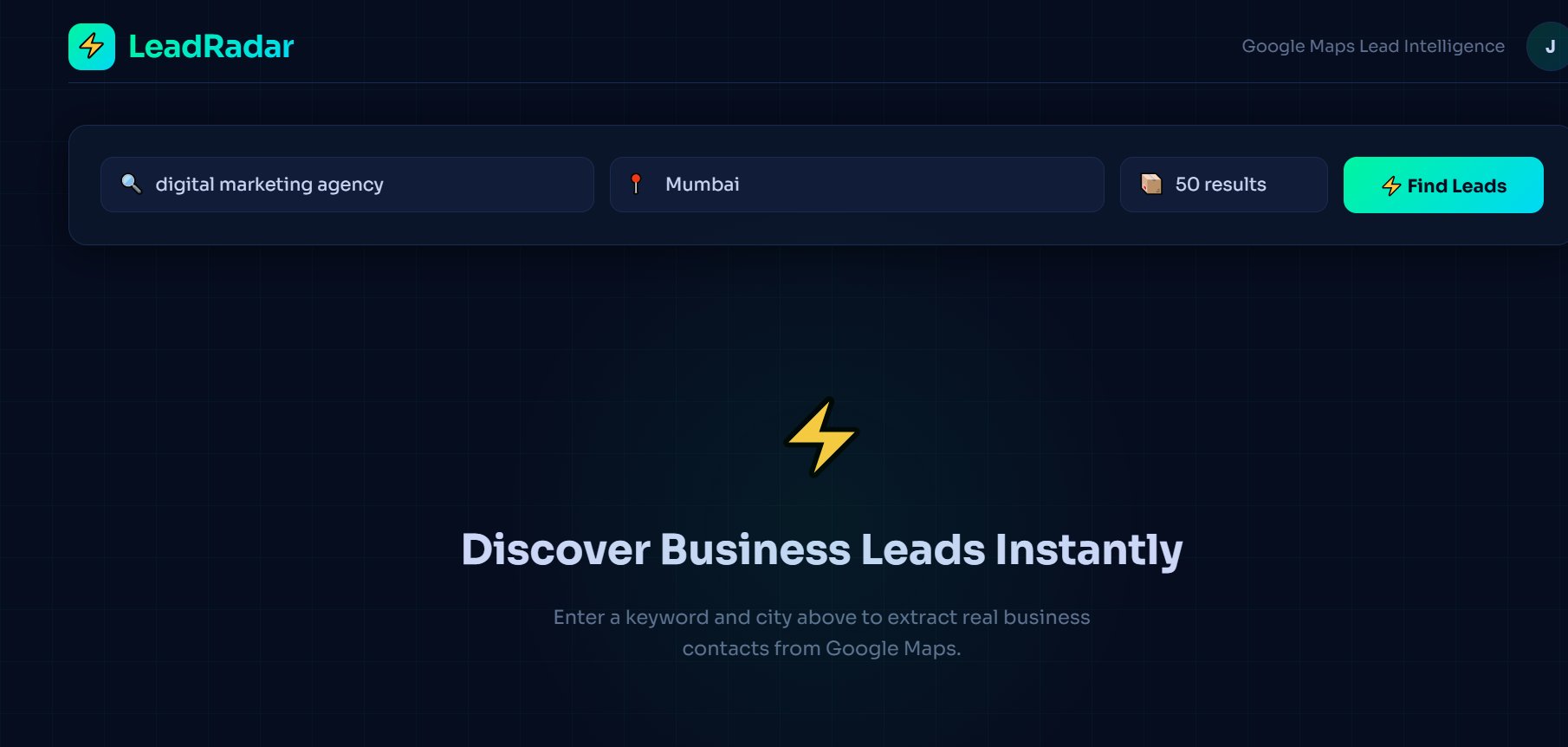 LeadRadar — Google Maps lead generation interface